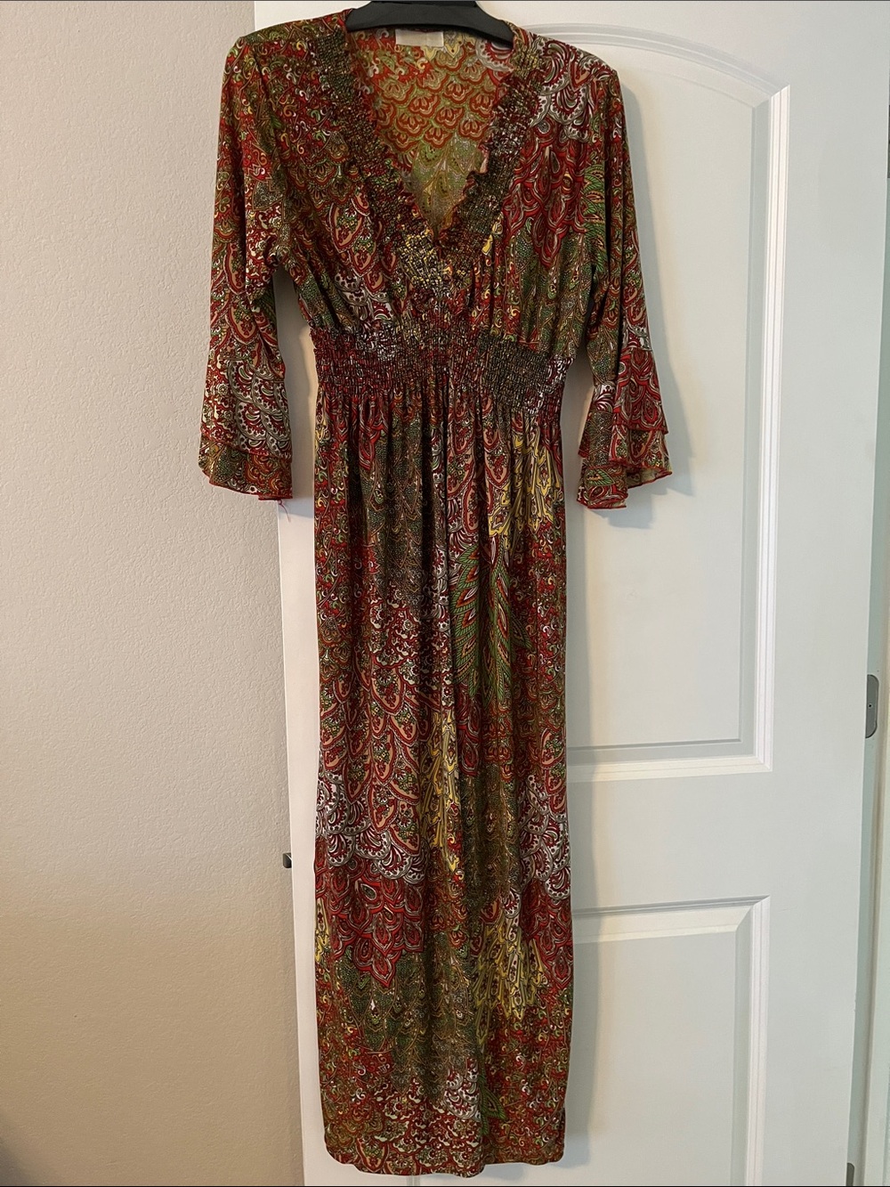 Paisley V-Neck Maxi Dress in Red and Green